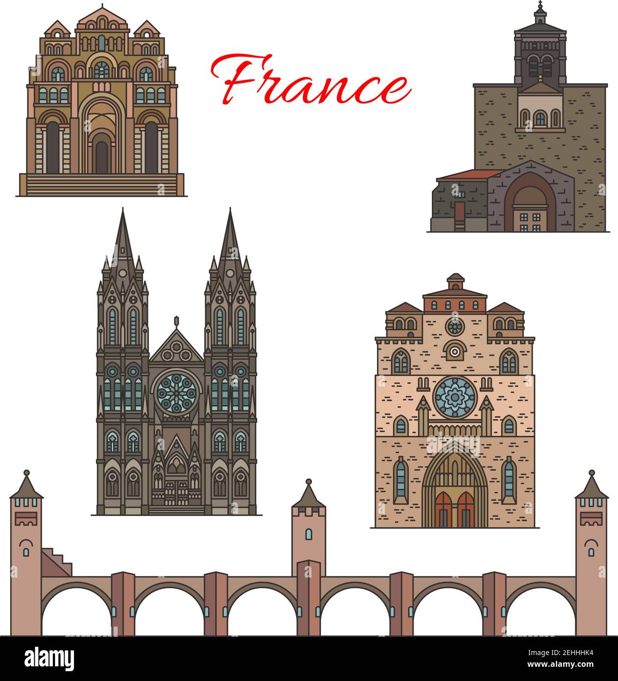 French travel landmarks of famous architecture tourist sights. Roman Catholic Le Puy Cathedral and Cahors Cathedral, stone arch bridge of Valentre and Stock Vector