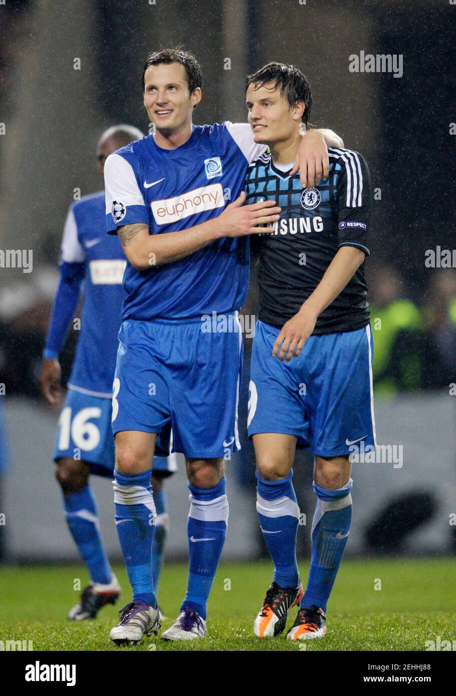 Football - KRC Genk v Chelsea UEFA Champions League Group Stage Matchday  Four Group E - Cristal Arena, Genk, Belgium - 1/11/11 Genk's Daniel Tozser  (L) and Jelle Vossen celebrates at the