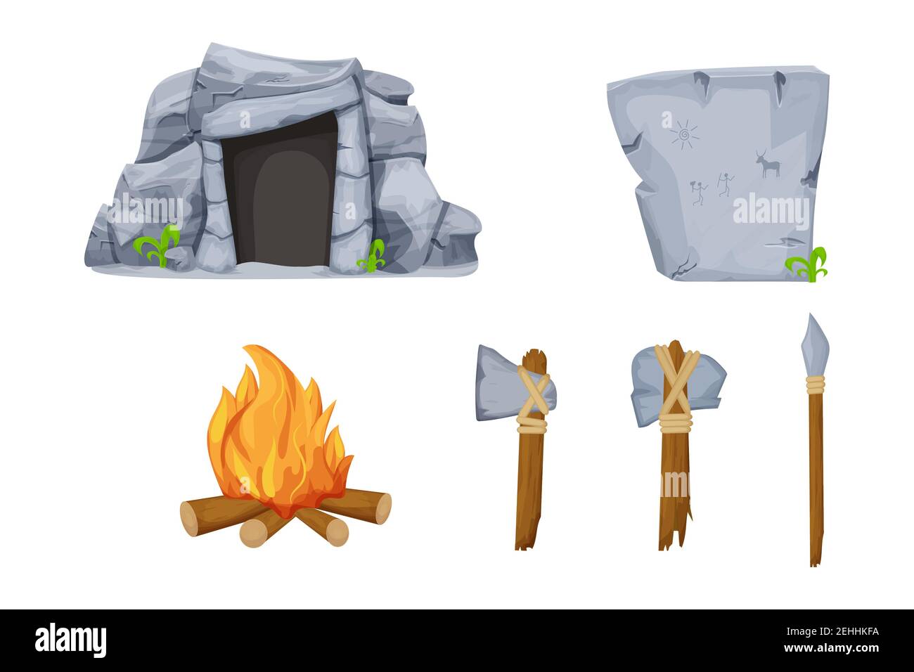 Stone age tools set with cave, fireplace, rock with drawings, axe, hammer and sharp stick isolated on white background in cartoon style. Primitive, an Stock Vector