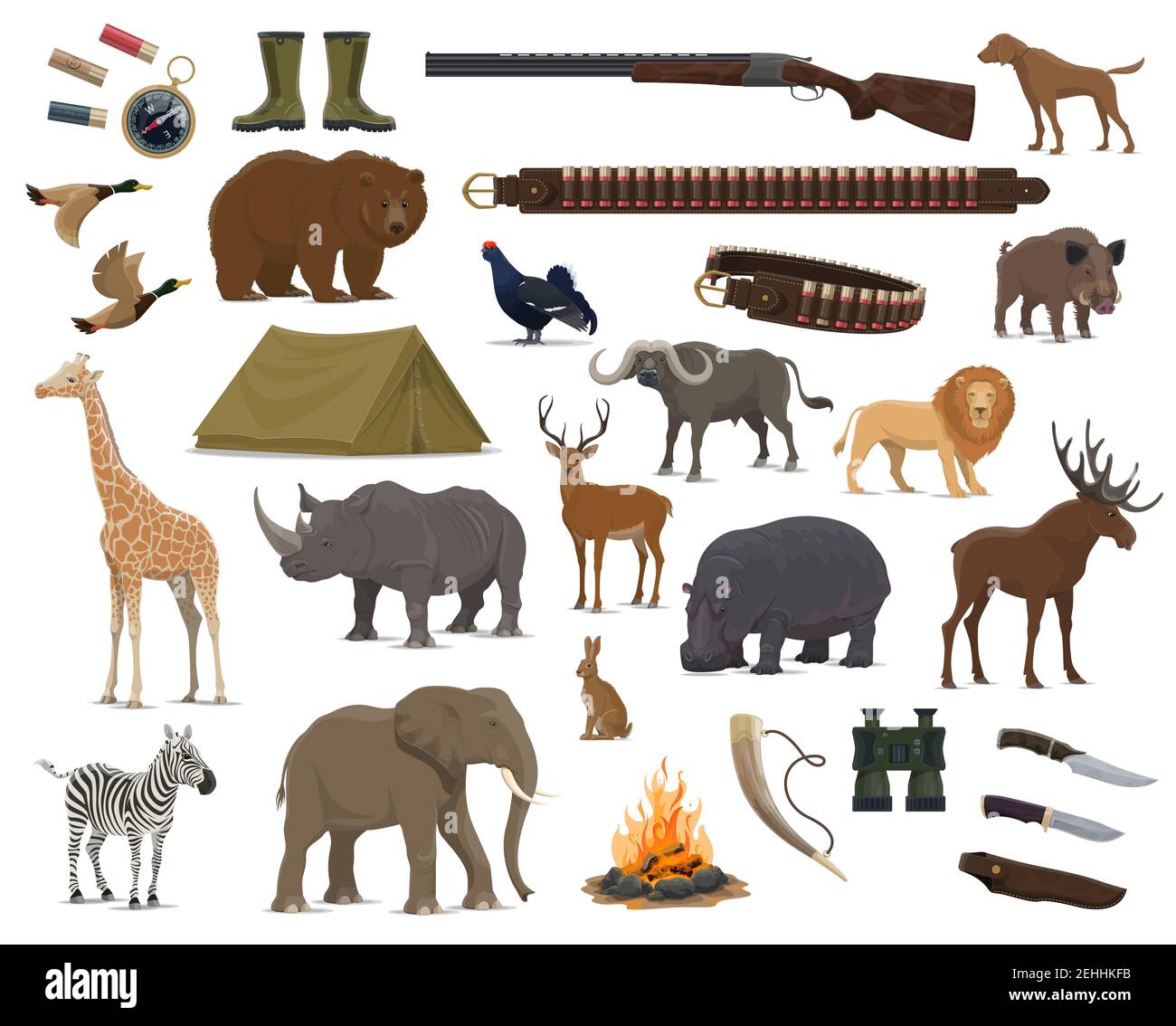 Hunting sport weapon, wild animals and birds. Gun, rifle and knife, duck,  dog and deer, african elephant, lion and giraffe, bear, reindeer and elk,  rh Stock Vector Image & Art - Alamy