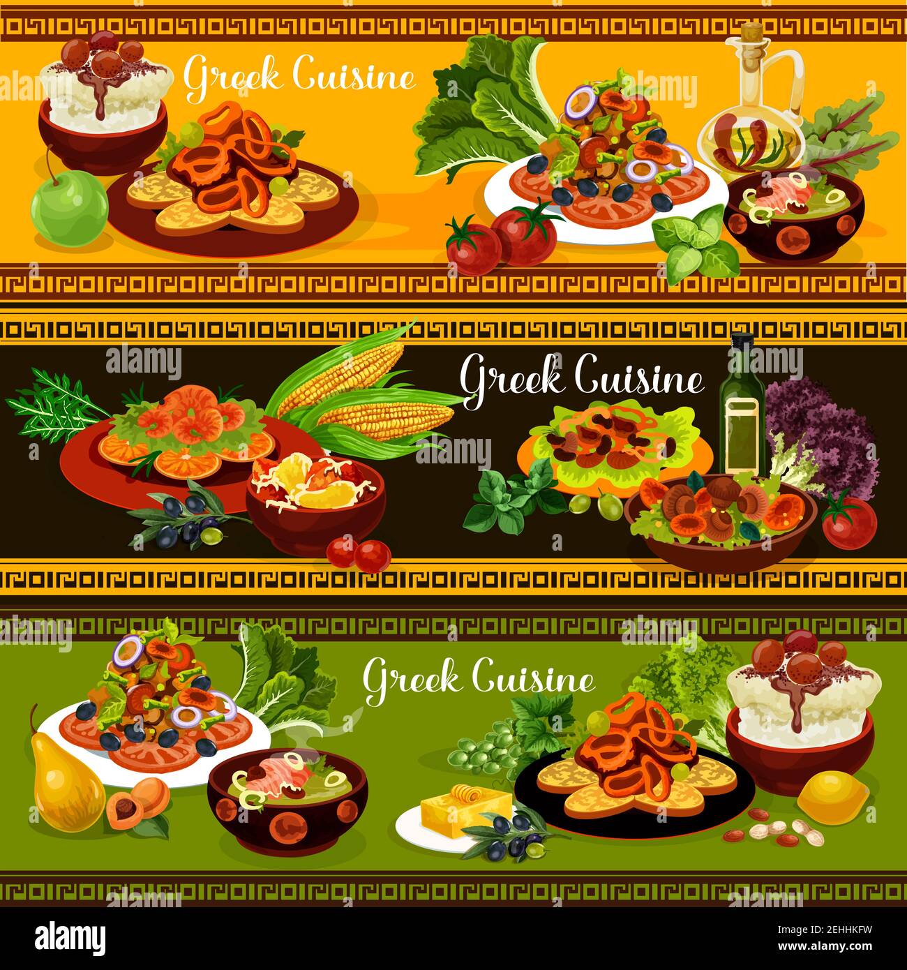 Greek cuisine traditional food banners of mediterranean dish. Vegetable and feta cheese salad, grilled seafood and squid in wine sauce, cream fish sou Stock Vector