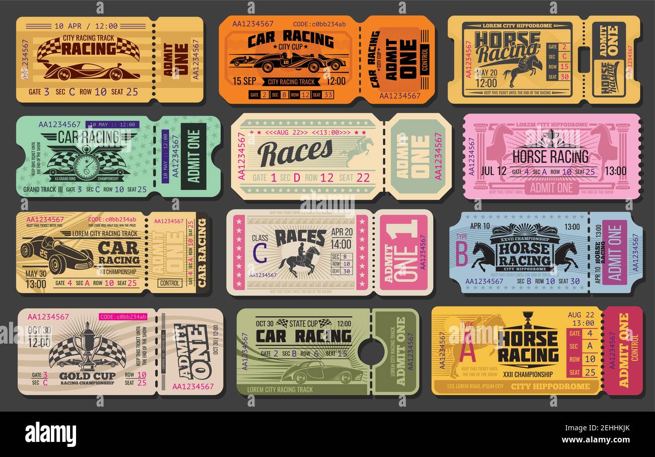 Auto and horse racing sport event tickets template. Admit one cards with vintage racing car, racehorse and winner trophy cup, racing flag and stopwatc Stock Vector