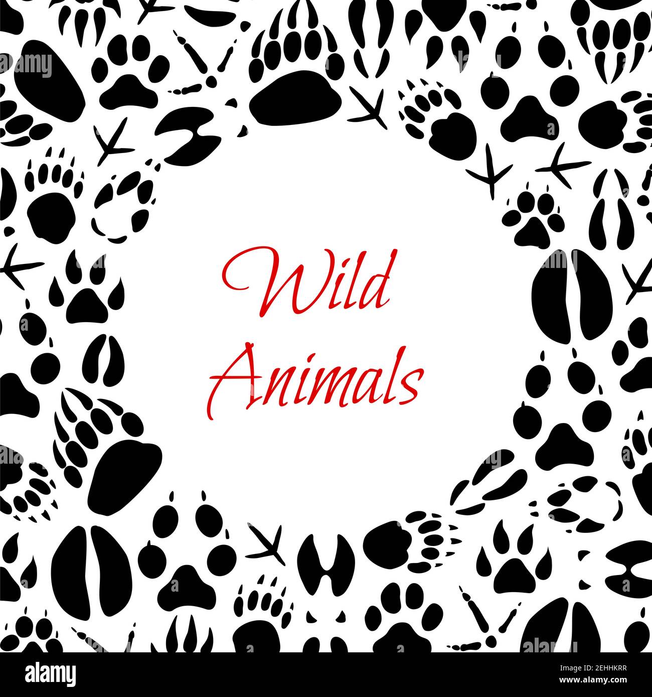 Animals and birds footprints poster for zoo or hunt design. Vector paw tracks of wild bear, fox or wolf and hare, boar or elk and deer hoof imprints o Stock Vector