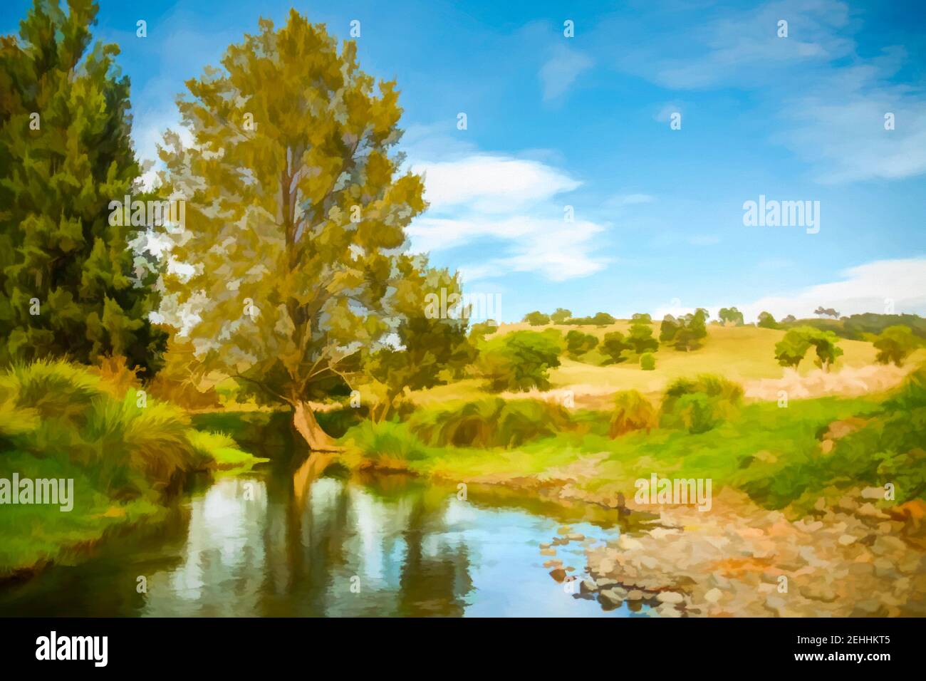 Digital painting of a landscape view, with tree reflected in a creek, NSW, Australia. Stock Photo