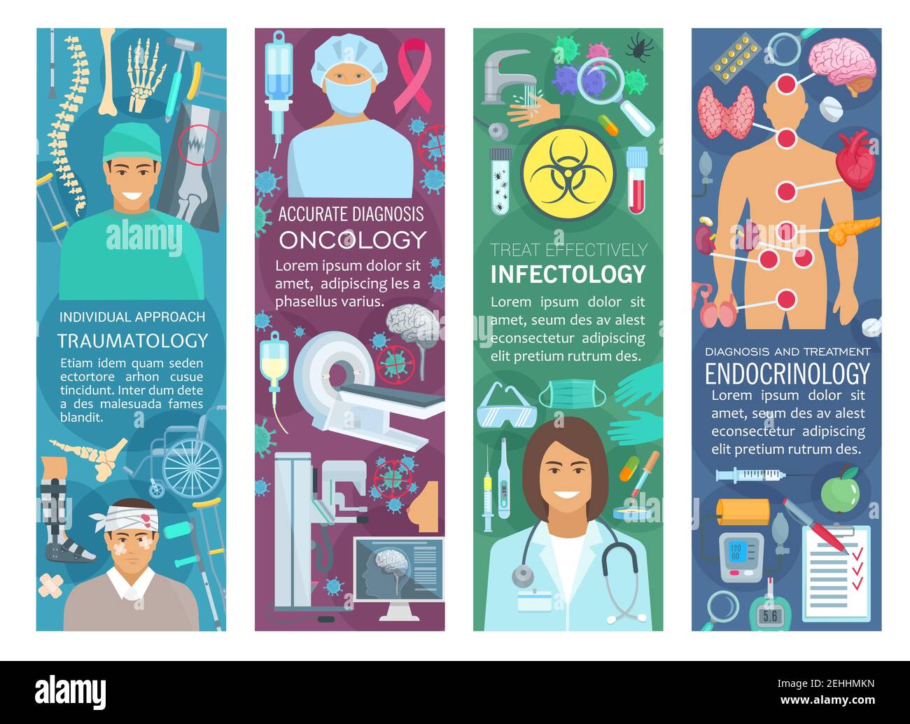 Traumatology, oncology, endocrinology and infectiology medicine banners. Medical hospital doctor flyer with traumatologist, oncologist, endocrinologis Stock Vector