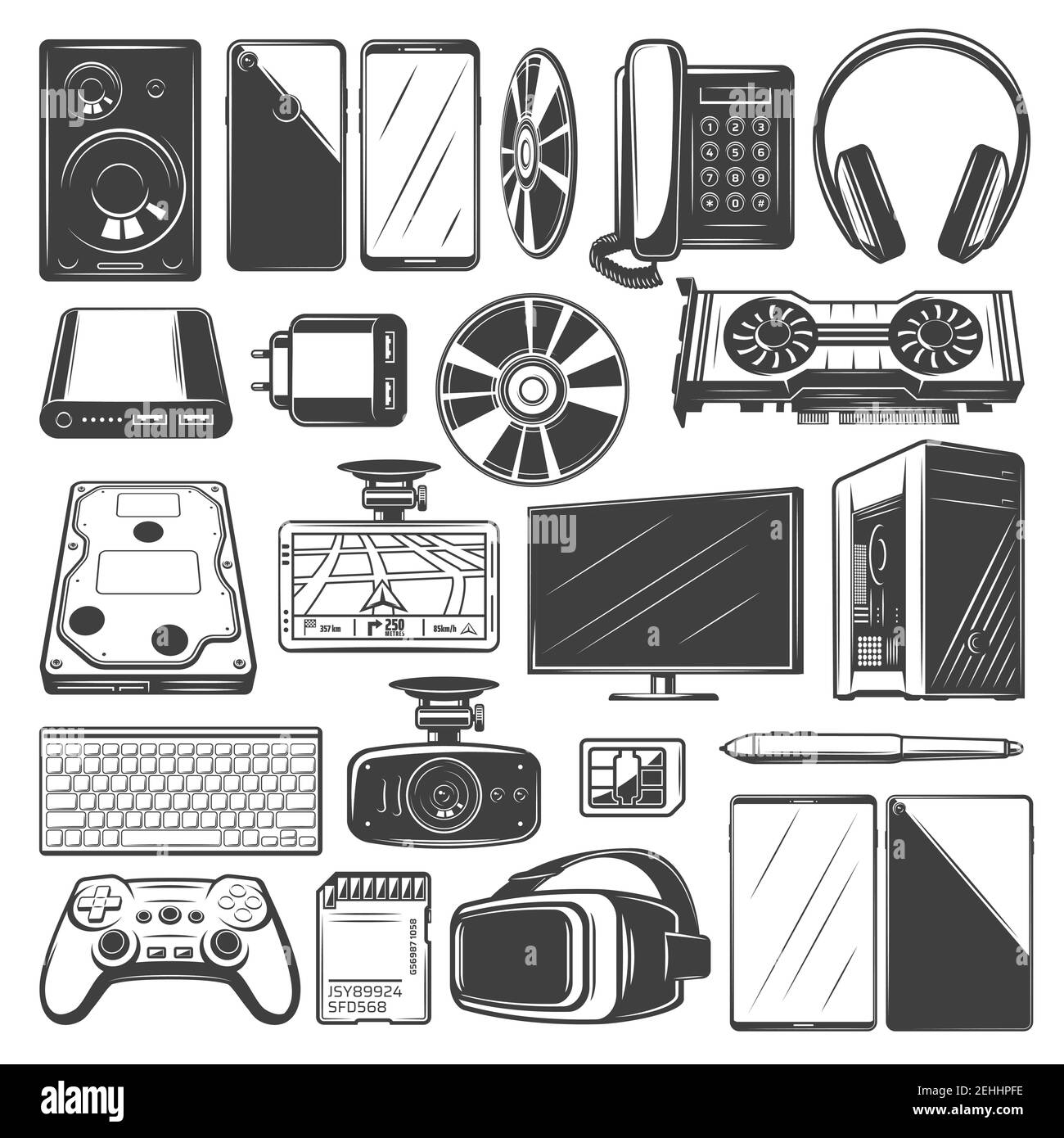 Electronic device icons. Computer, mobile phone and camera, laptop