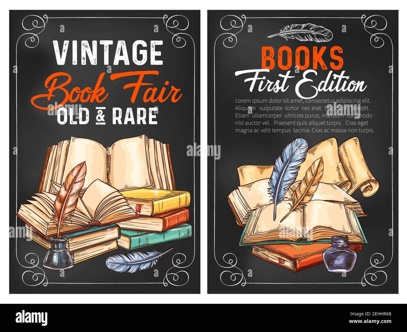 Vintage and rare books fair sketch posters for literature edition or advertisement. Vector design of old rare books and writer ink with quill pens for Stock Vector