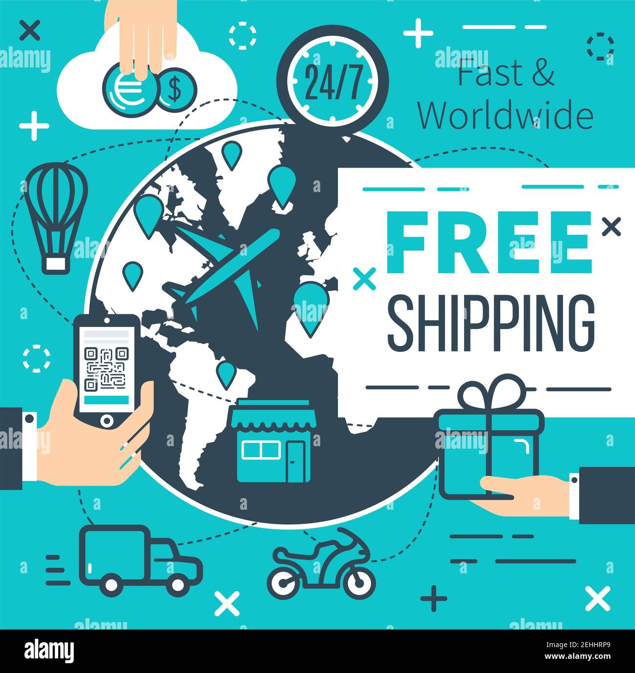 Free shipping poster for online shopping delivery service. Vector thin