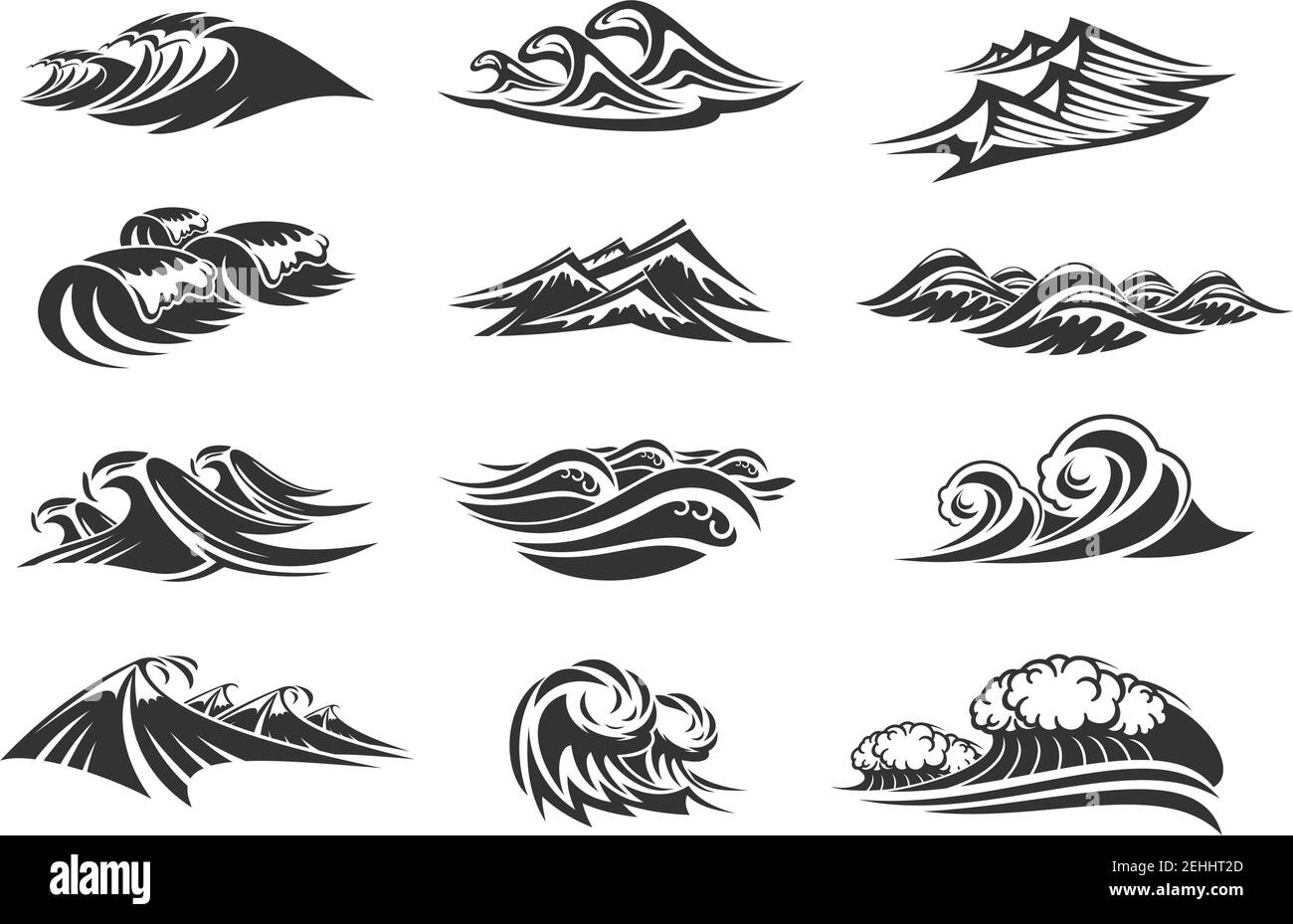 Waves of ocean water line icons set of sea tide splashes. Vector isolated tidal gales, marine waves or stormy tide with splashing flows and surfs of w Stock Vector