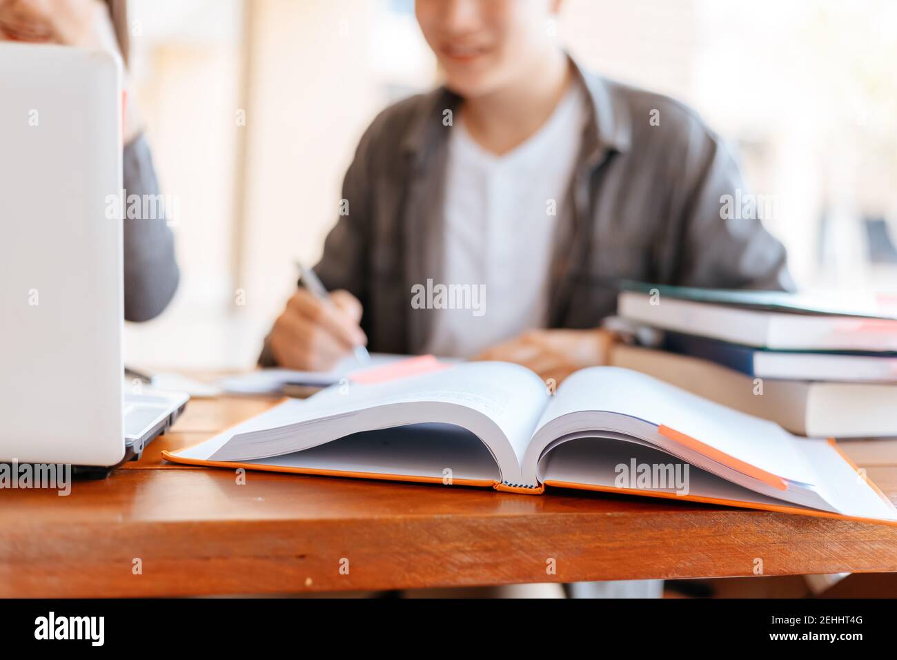 High school or college students  group catching up workbook and learning tutoring on desk and reading, doing homework, lesson practice preparing exam. Stock Photo