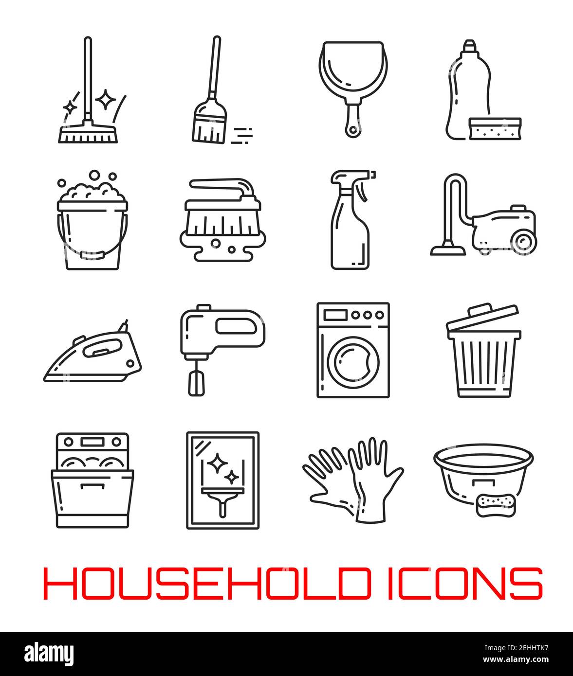 Household and home cleaning thin line icons. Vector symbols set of
