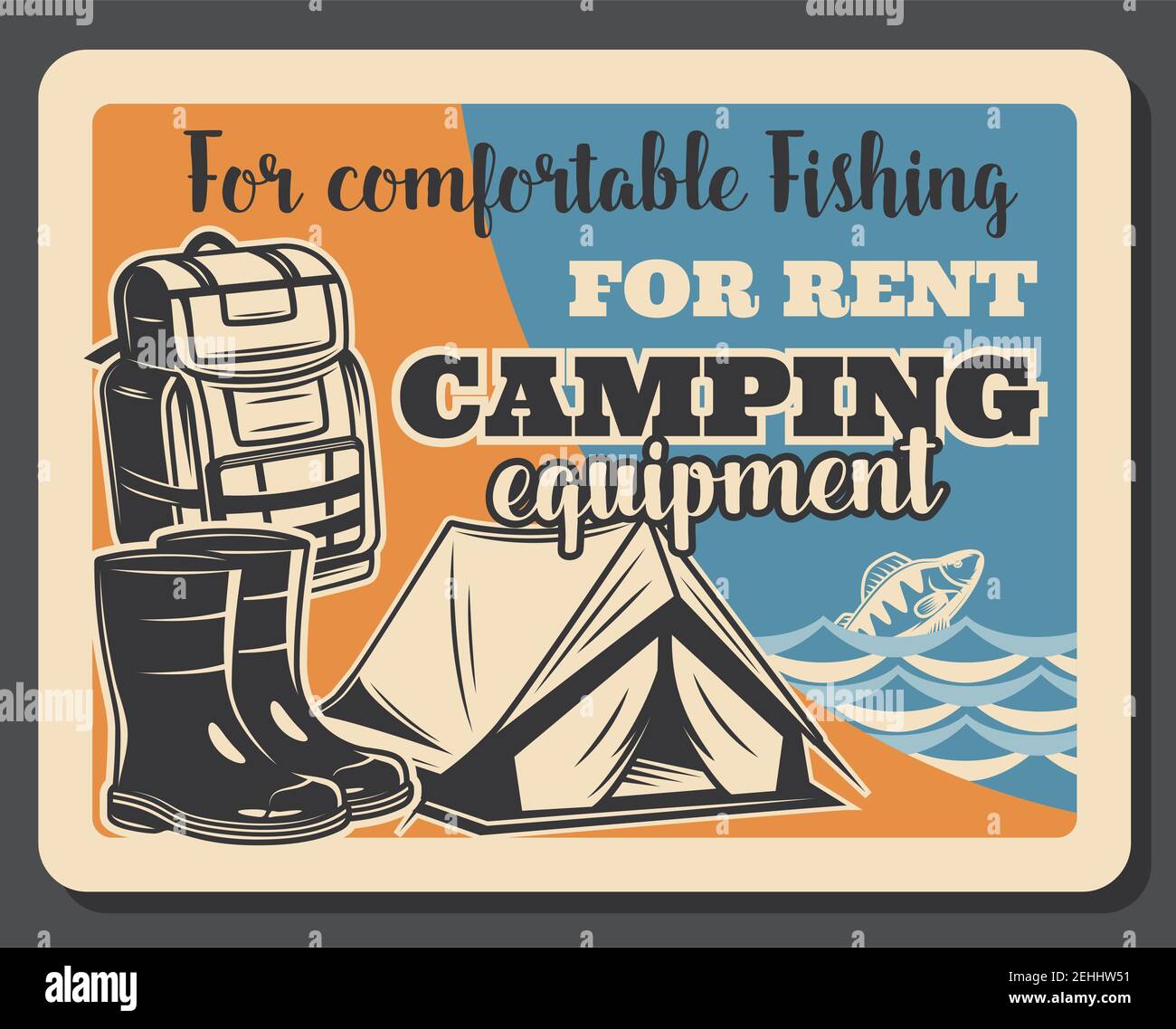 Fishing camp club and fisher equipment store vector vintage retro posters.  Fishing rods and lures hooks for river pike, ocean tuna and sea mackerel bi  Stock Vector Image & Art - Alamy