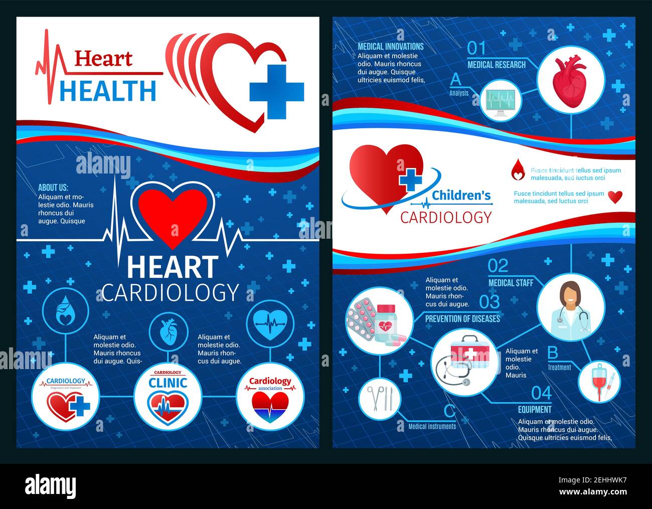 Heart health brochure or cardiology clinic medical posters. Vector design of cardiologist doctor with stethoscope, cardio pill medicines or cardiogram Stock Vector