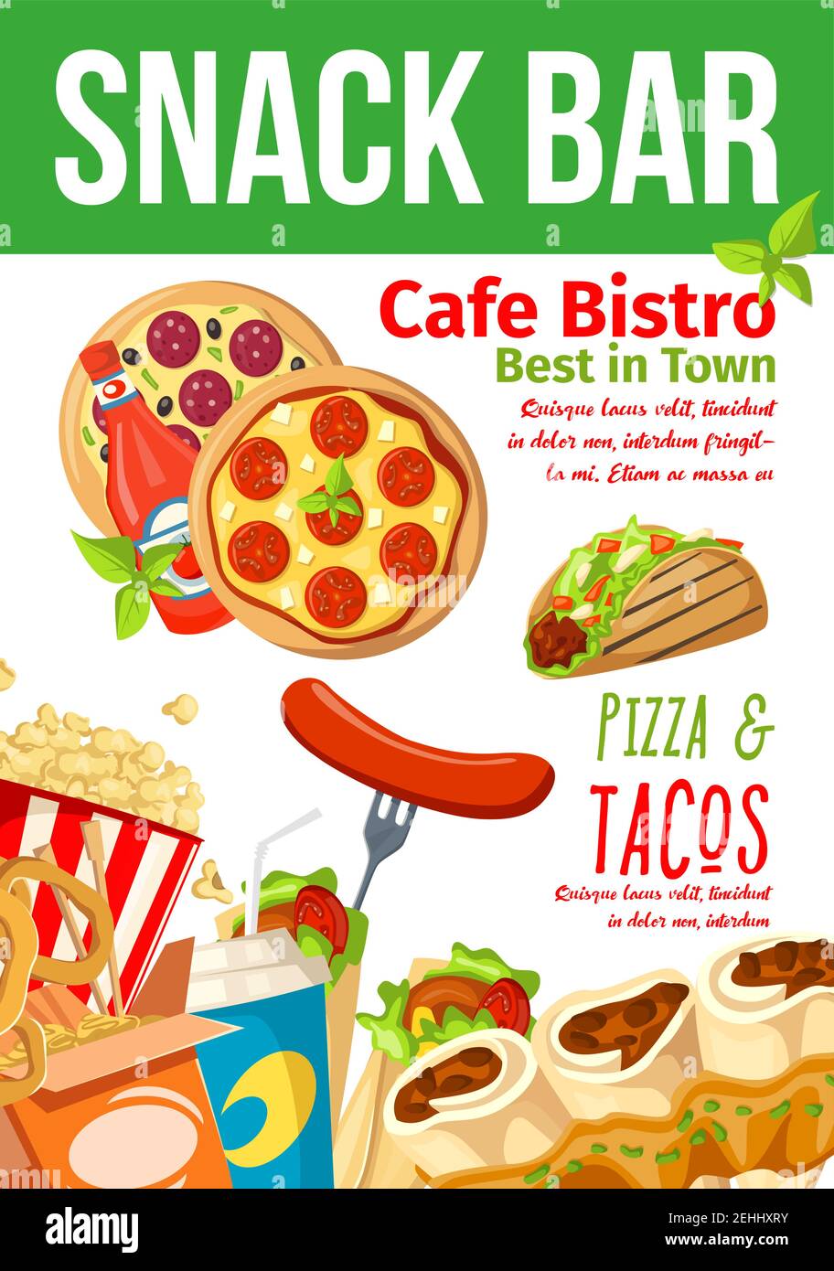 Fast food snacks bar poster or fastfood cafe bistro and restaurant menu