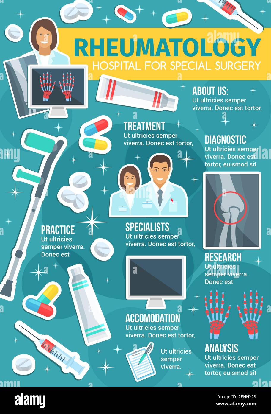 Rheumatology medicine or rheumatologist doctor clinic poster. Vector  medical design of joint and bones X-ray, arthritis and trauma crutches,  osteoporo Stock Vector Image & Art - Alamy
