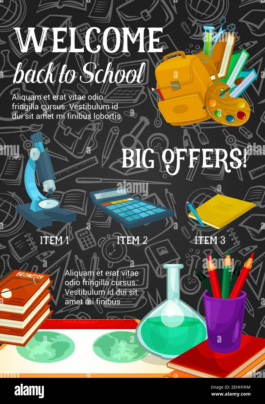 Back to school sale promotion poster of school supplies discount offer template. Student book, pencil, pen and paint, backpack, calculator and microsc Stock Vector