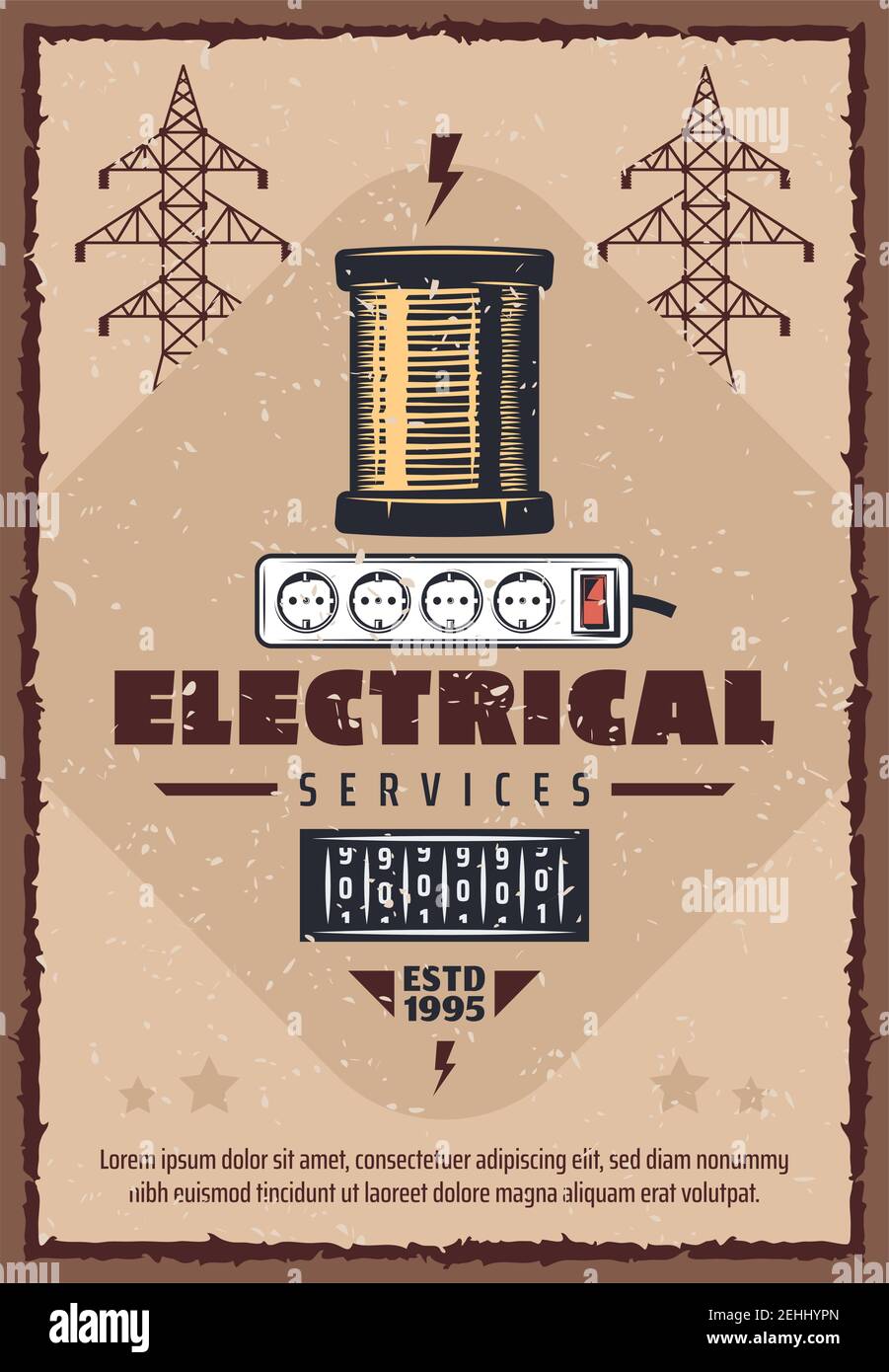 Electrical service vintage poster for electricity power and energy industry. Vector retro design of electric reel and electricity consumption gauge fo Stock Vector