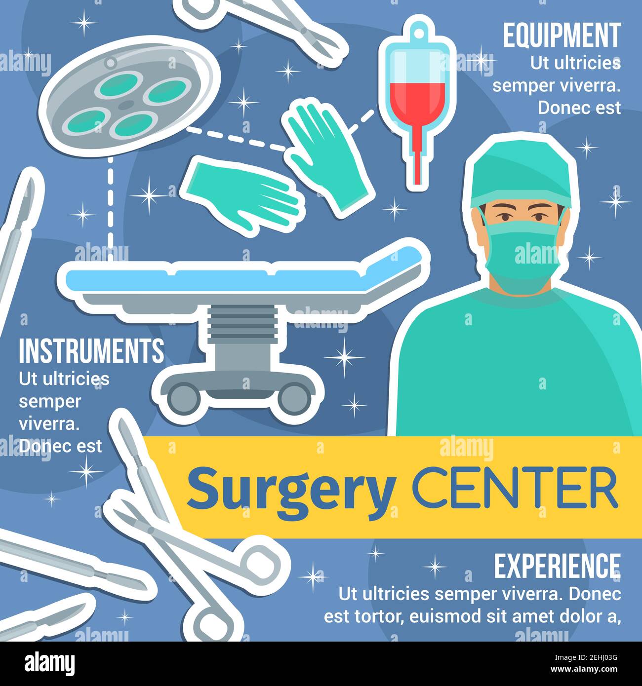 Surgery medicine poster of surgical medical center or hospital. Surgeon doctor, operating room equipments and instruments banner with operating table, Stock Vector