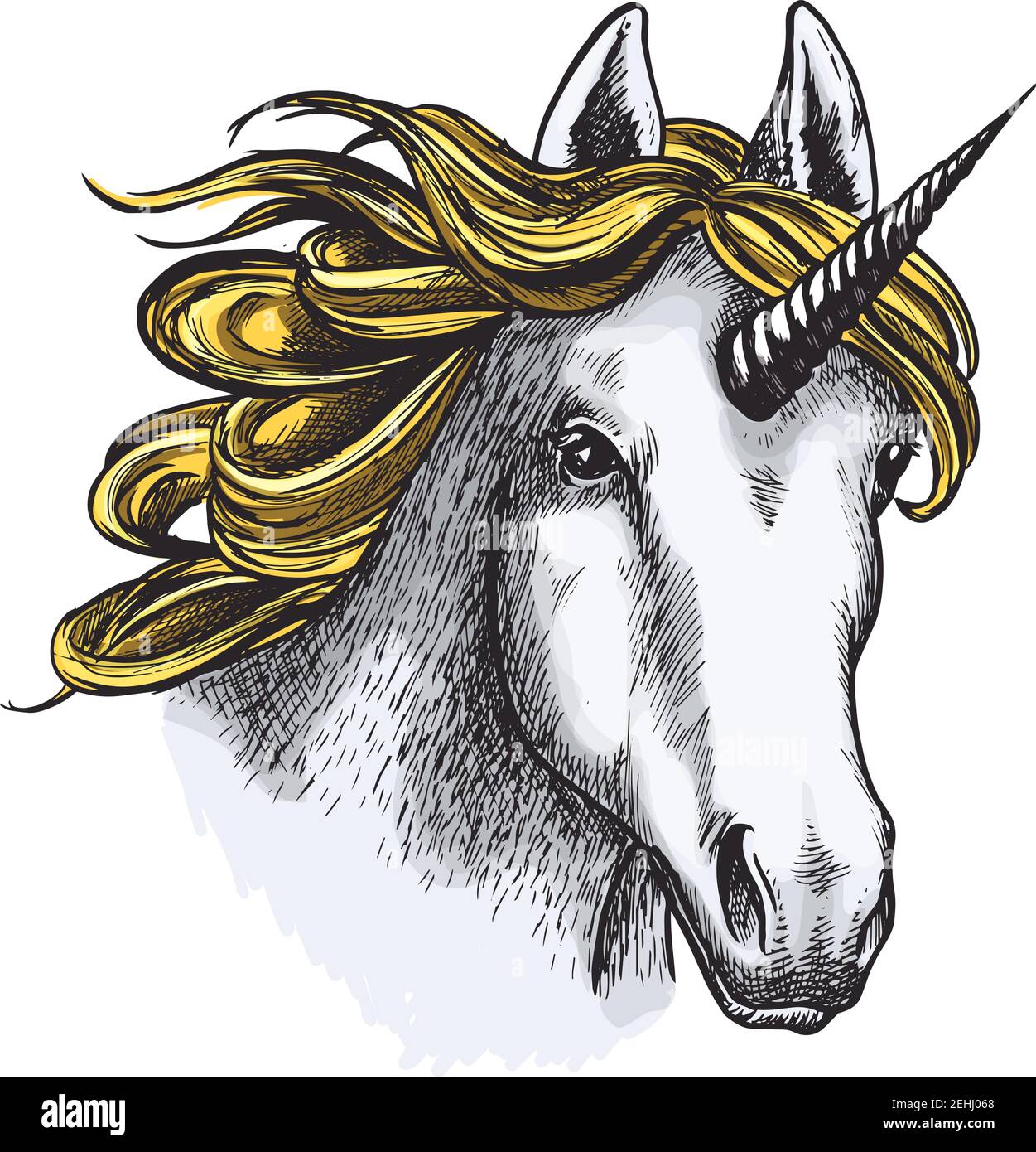 Unicorn horse sketch of magic animal with golden mane and spiraling horn. Head of legendary creature or fairy horse isolated vector for tattoo, t-shir Stock Vector