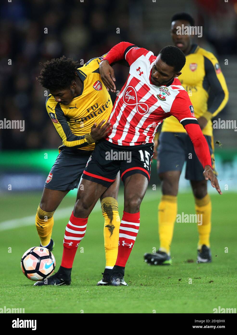Britain Football Soccer - Southampton v Arsenal - FA Cup Fourth Round - St Mary's Stadium - 28/1/17 Southampton's Cuco Martina in action with Arsenal's Ainsley Maitland-Niles  Reuters / Paul Hackett Livepic EDITORIAL USE ONLY. No use with unauthorized audio, video, data, fixture lists, club/league logos or 'live' services. Online in-match use limited to 45 images, no video emulation. No use in betting, games or single club/league/player publications.  Please contact your account representative for further details. Stock Photo