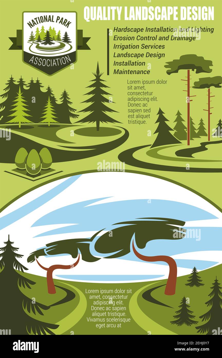 Landscape design company promotion banner with green nature view. Tree