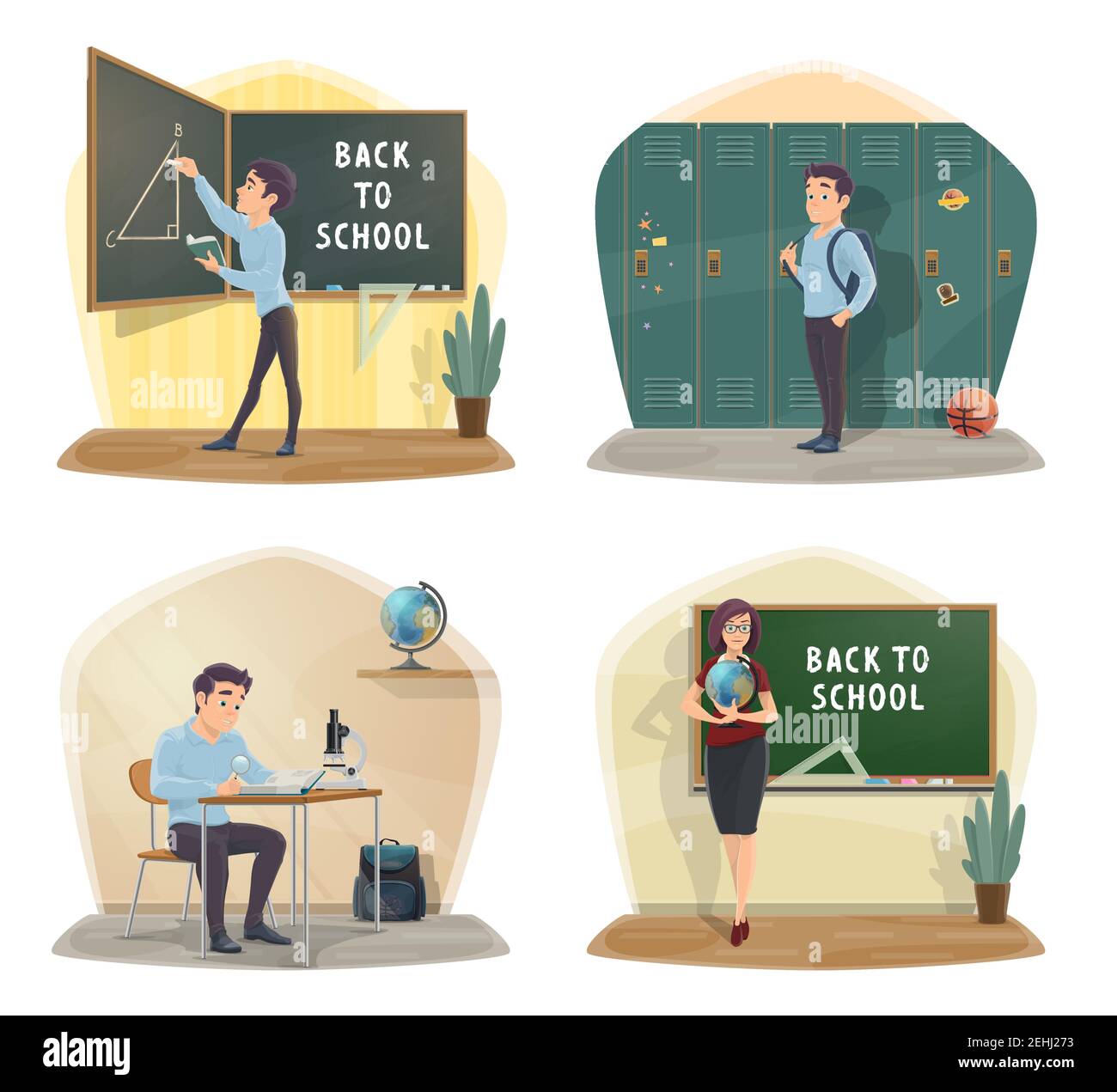 Back to school icons with class and student, geography teacher. Geometry lesson and triangle on blackboard. Hall with lockers, desk and globe, microsc Stock Vector