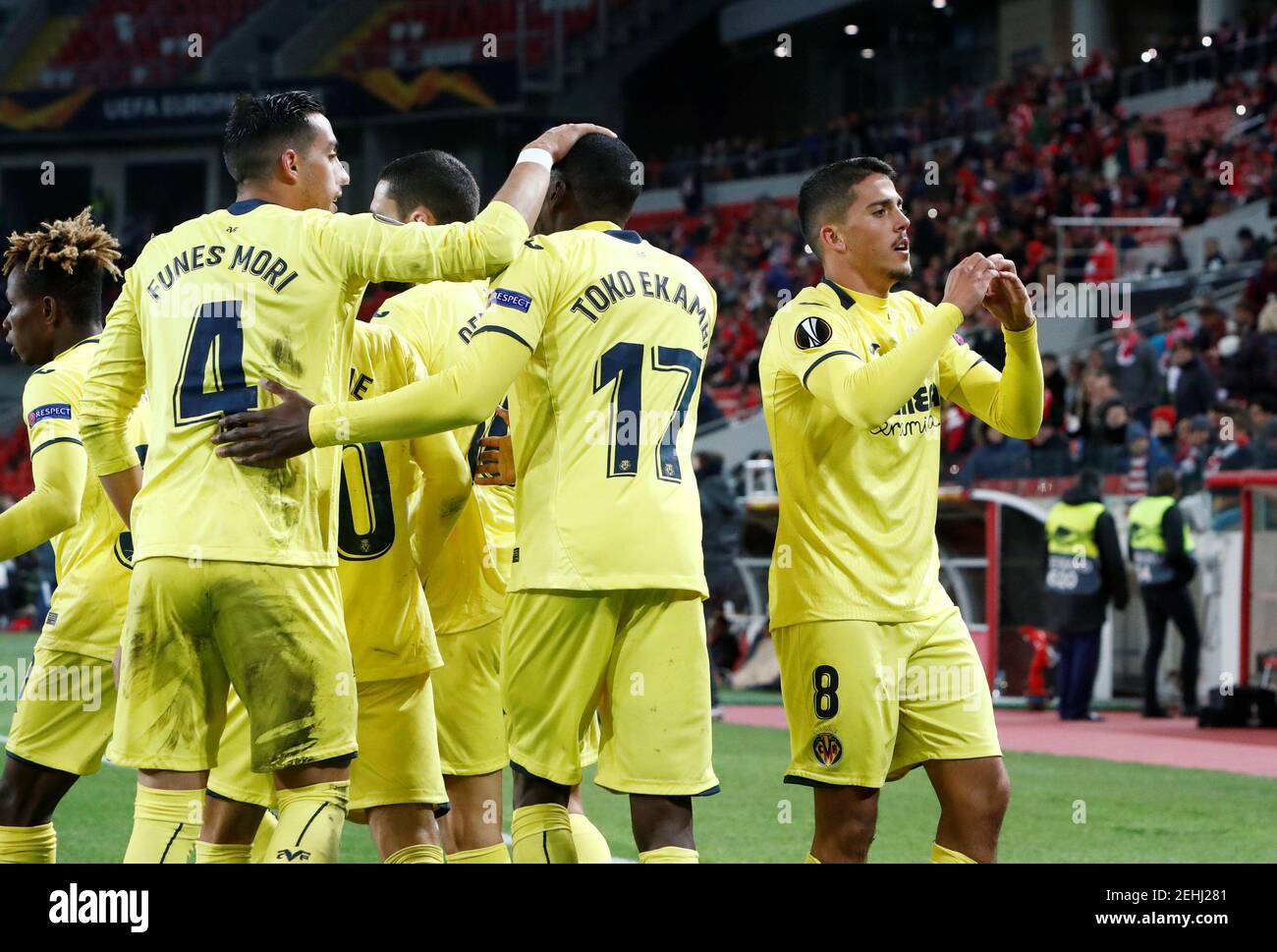 Soccer Football - Europa League - Group Stage - Group G - Spartak Moscow v Villarreal - Spartak Stadium, Moscow, Russia - October 4, 2018  Villarreal's Pablo Fornals celebrates scoring their second goal with Karl Toko Ekambi and team mates  REUTERS/Sergei Karpukhin Stock Photo