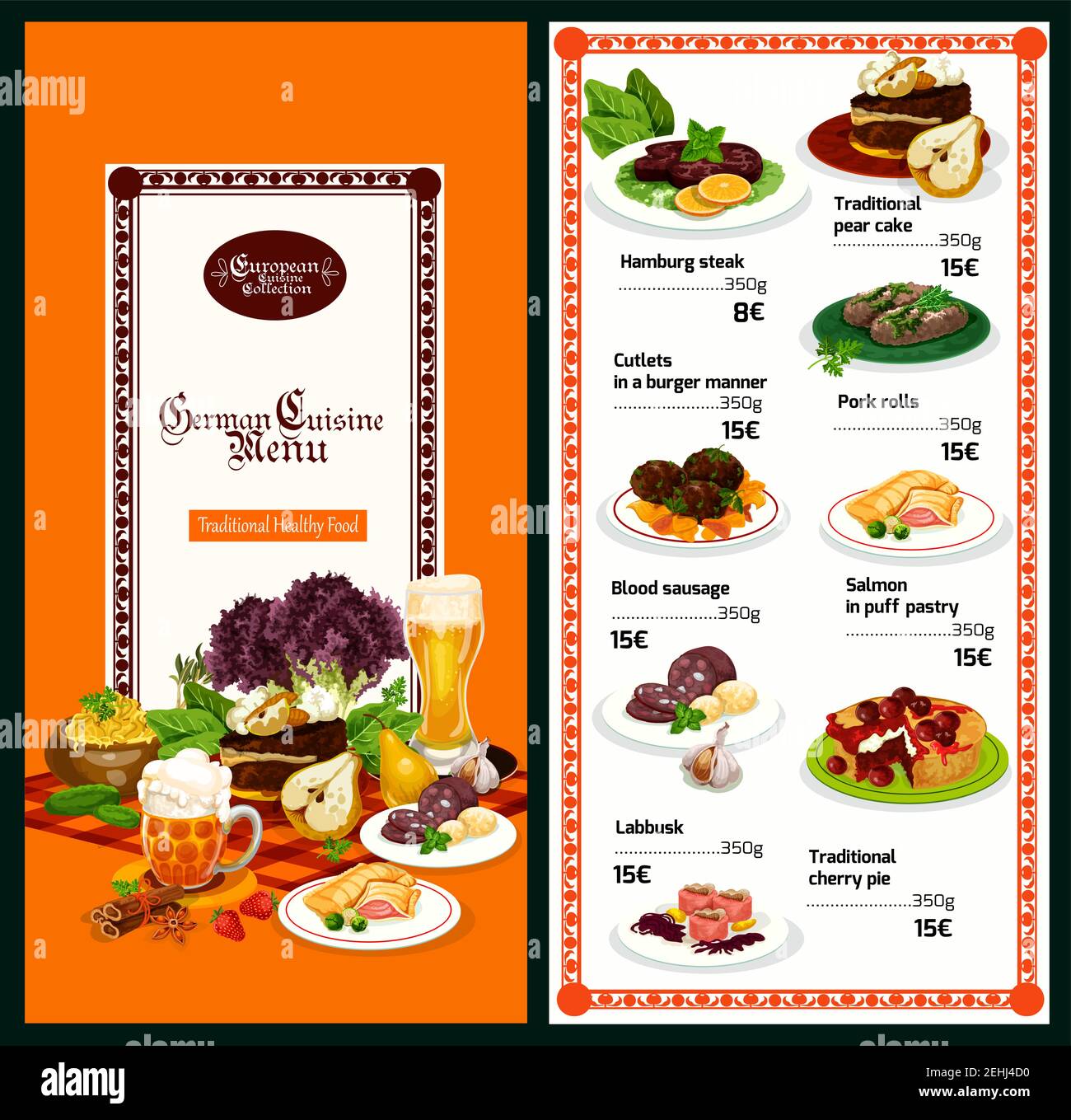 German cuisine restaurant menu template with European dinner dish. Beef meat steak and pork roll