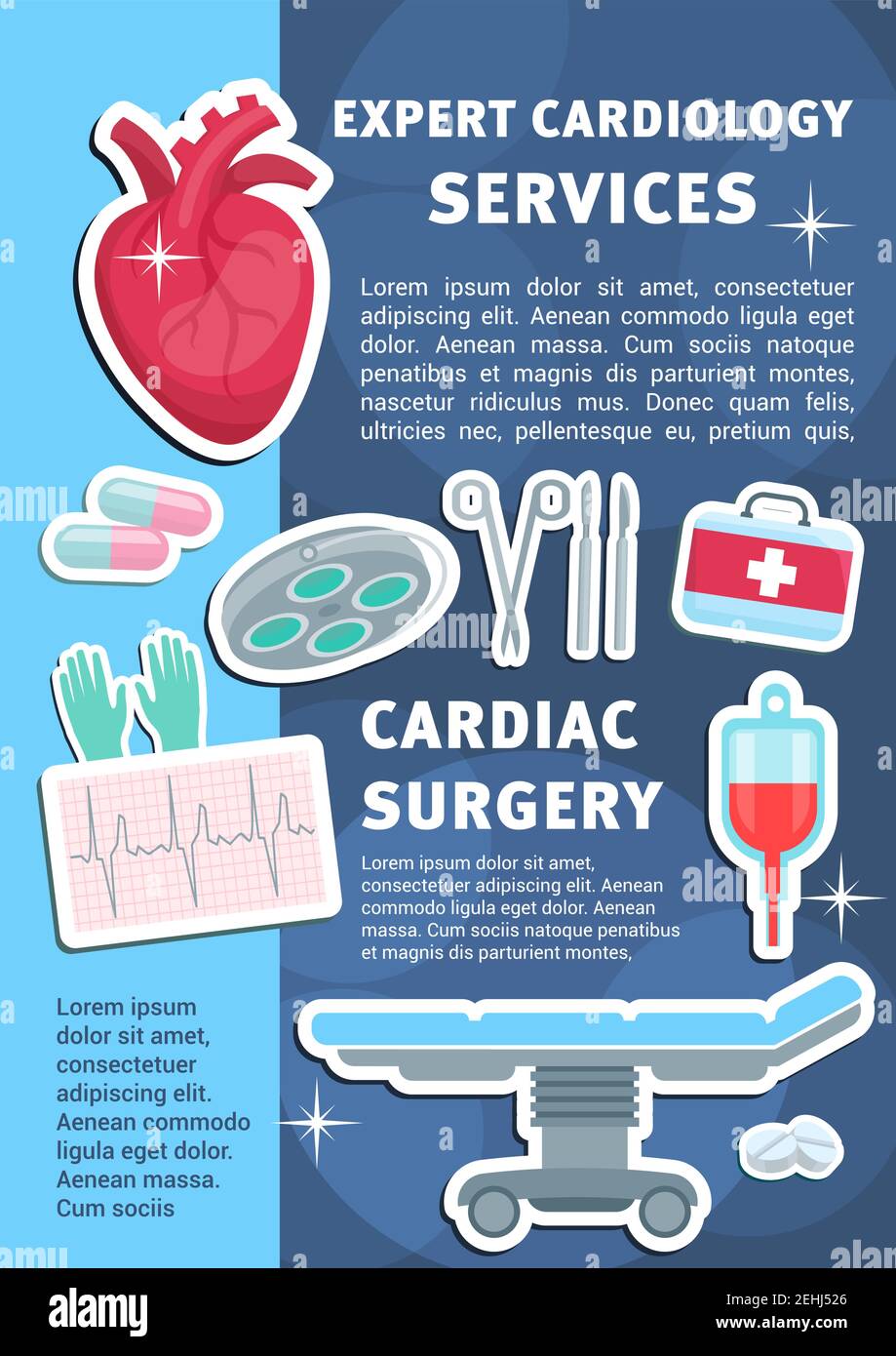 Cardiology medicine poster for heart health clinic and medical surgery. Vector design of cardiologist operating table, blood dropper or syringe and tr Stock Vector