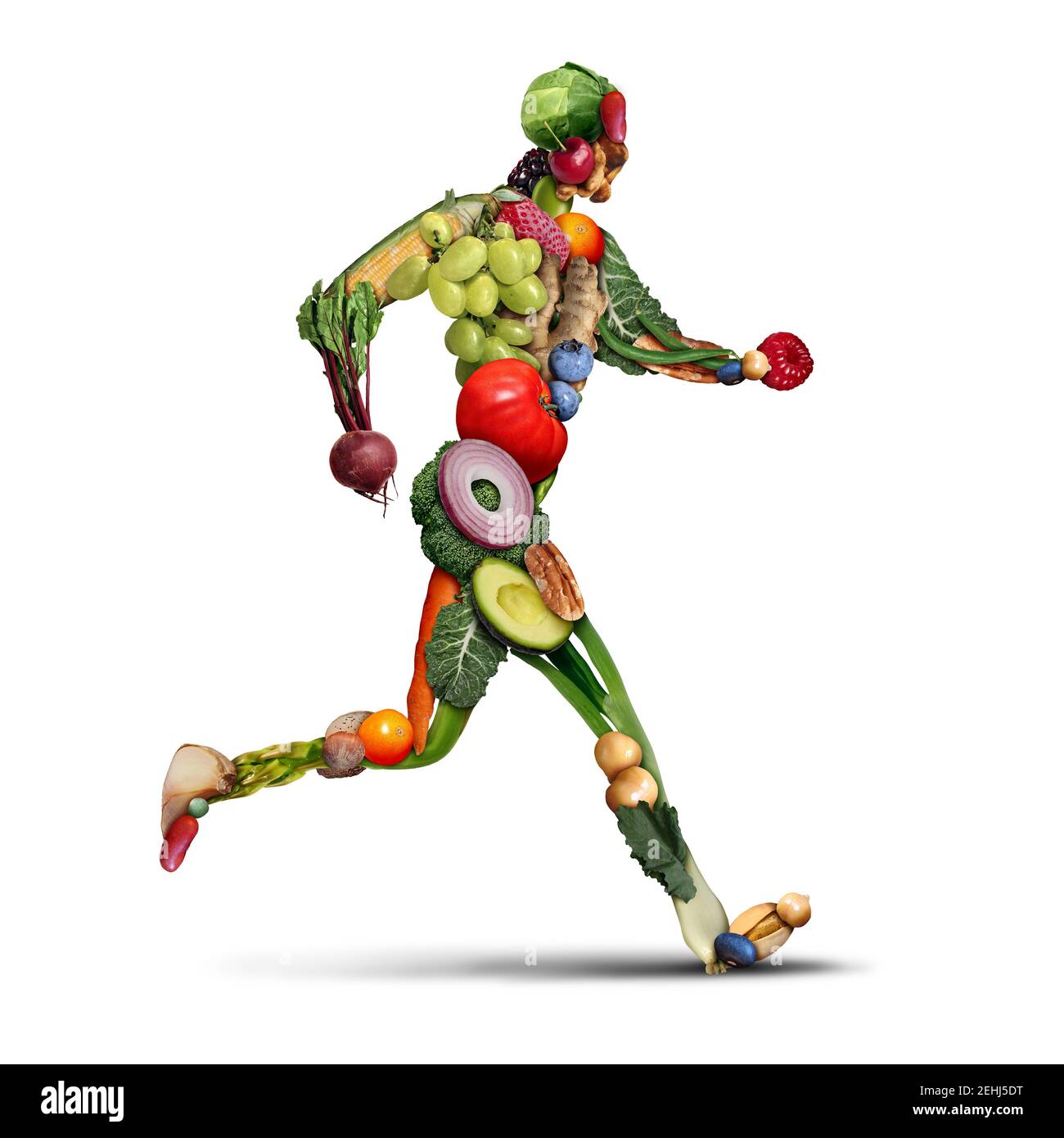Diet and fitness as a healthy lifestyle of exercise and eating fruits and vegetables to lose weight as a person running or jogging made of fresh. Stock Photo