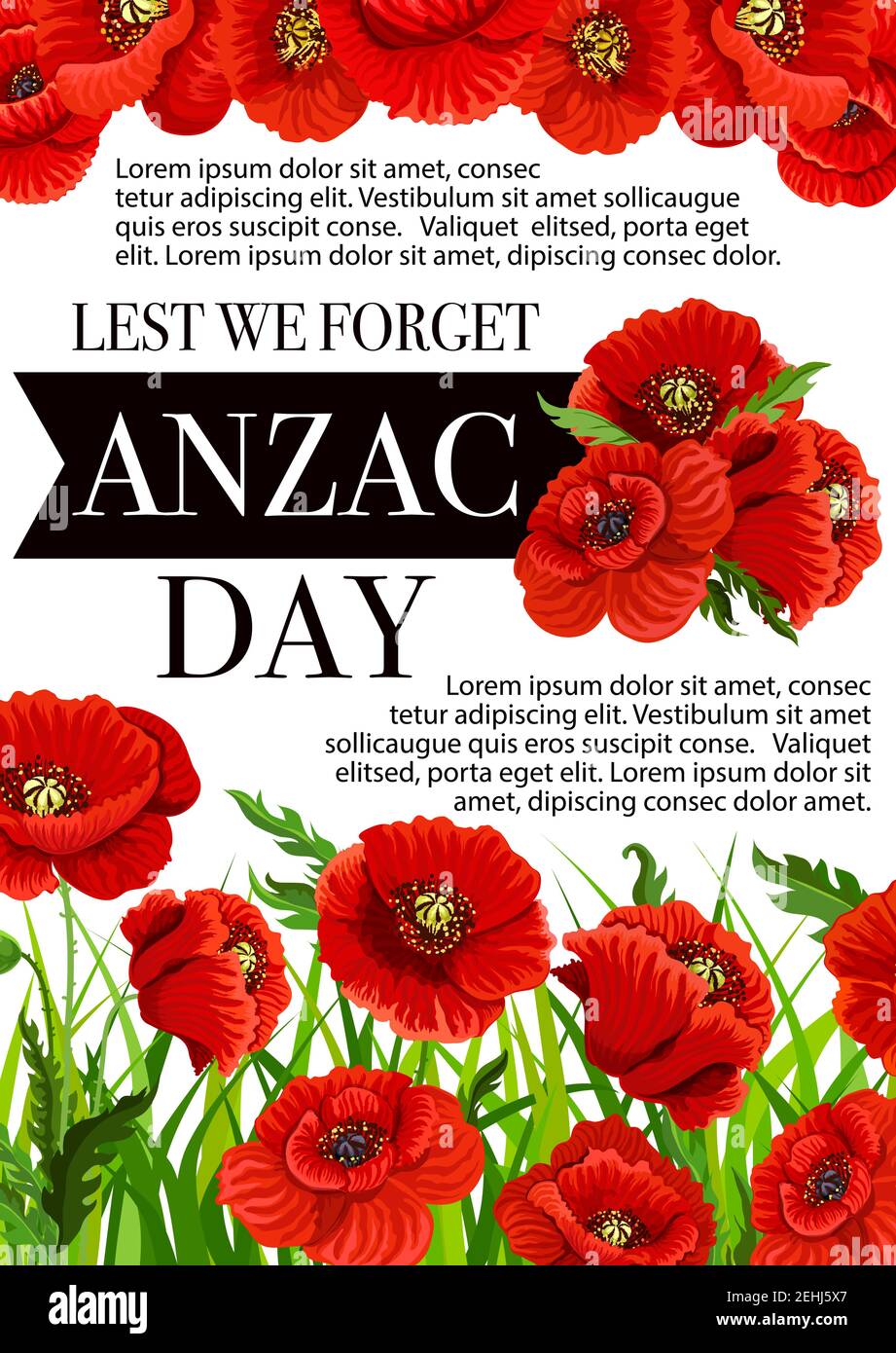 Anzac Day Lest We greeting card of poppy flowers. Vector 25