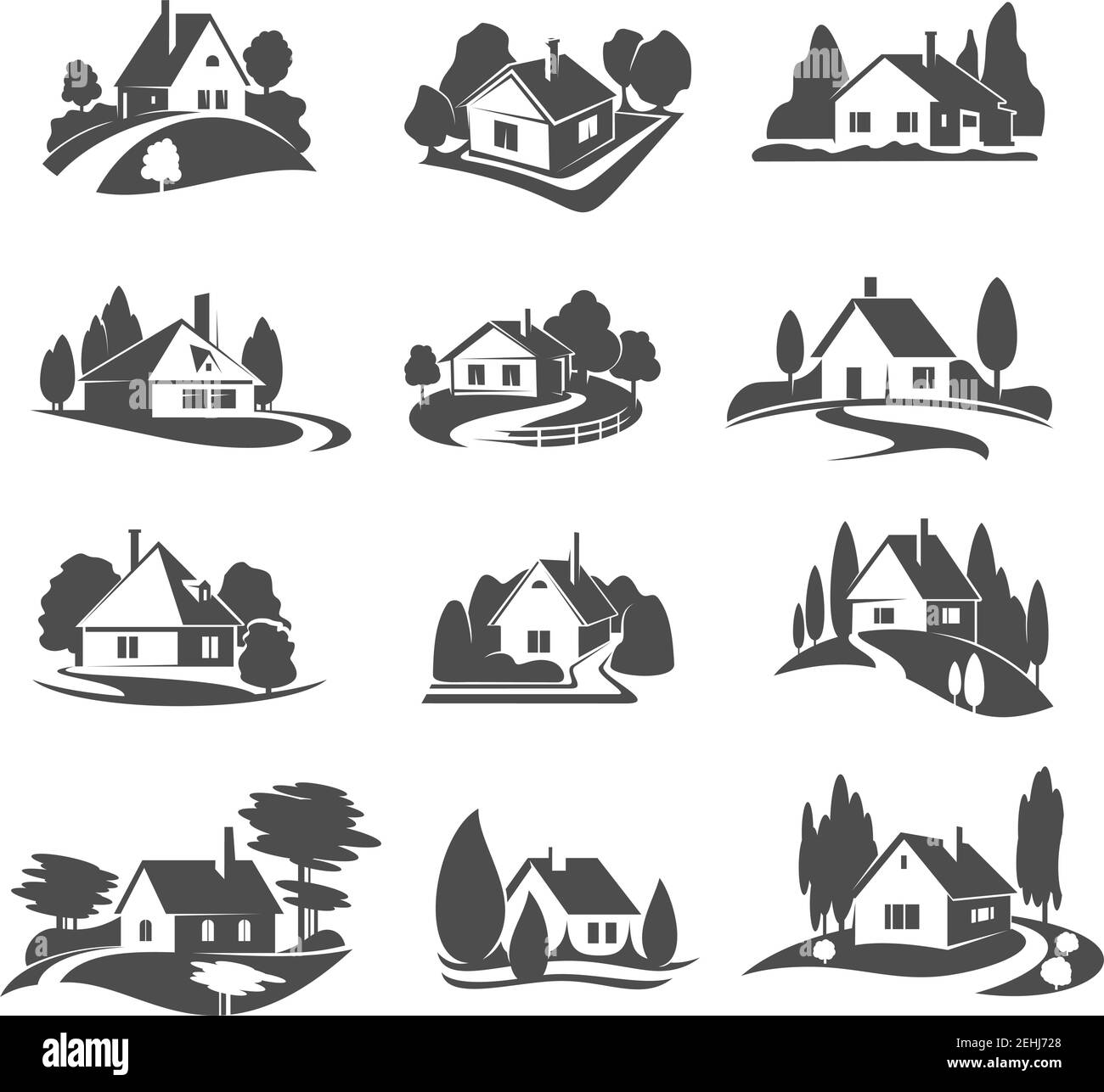 Real estate company vector icons of house or village in forest or