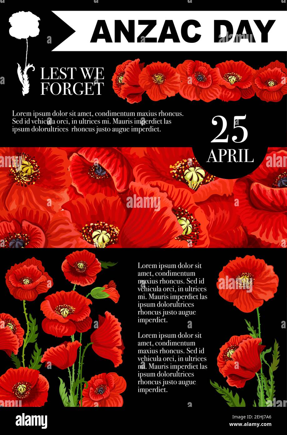 Anzac Day poster of red poppy flowers for 25 April Australian and New