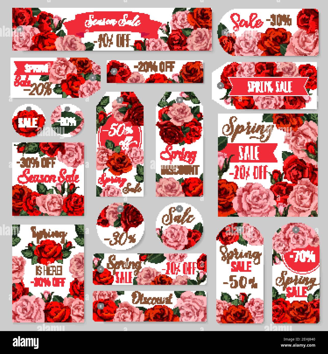Spring season sale tag and discount offer label set with floral ...