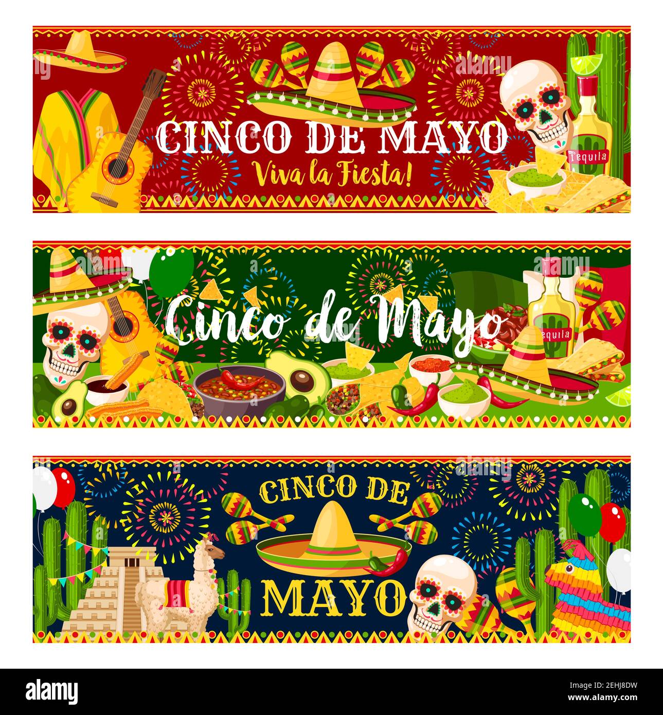 Cinco de Mayo fiesta celebration banners of tequila, jalapeno pepper or cactus and guitar. Vector traditional burrito and guacamole avocado for 5 May Stock Vector