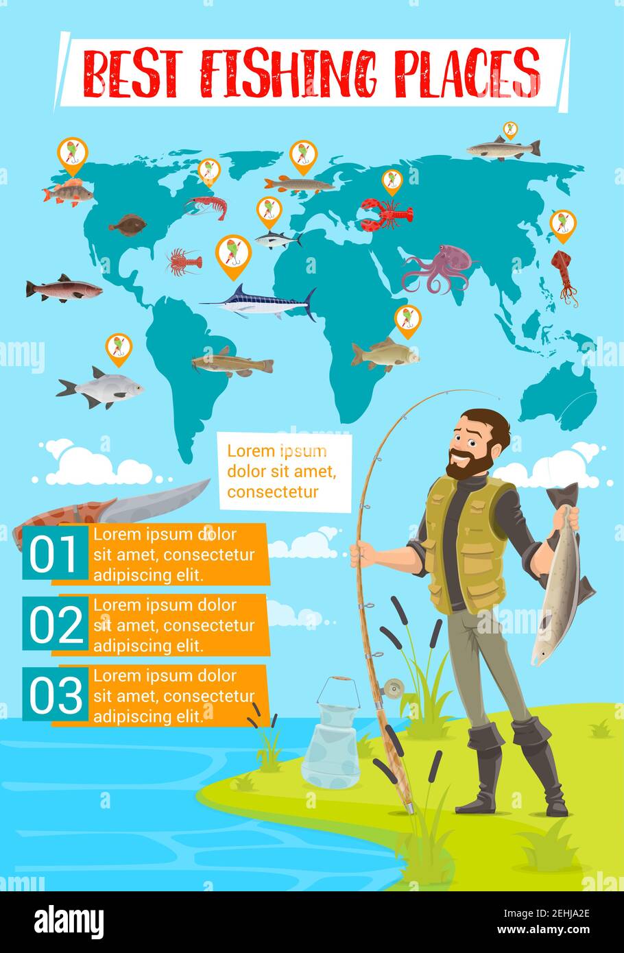Fishing place vector infographics. World map of fishing spot with fish and  seafood pointers, step chart and graph with fisherman, rod and catch fish  Stock Vector Image & Art - Alamy