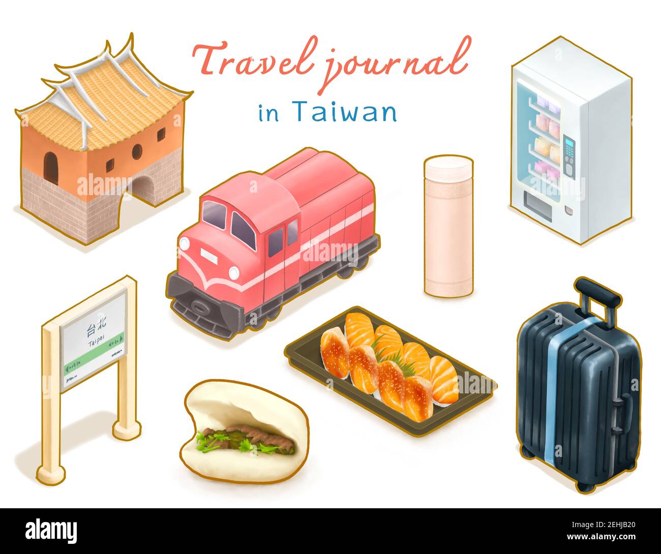 Travel Journal in Taiwan collection, digital painting of Gua bao, vending machine, salmon sushi, Alishan railway, luggage, The north gate isometric ca Stock Photo