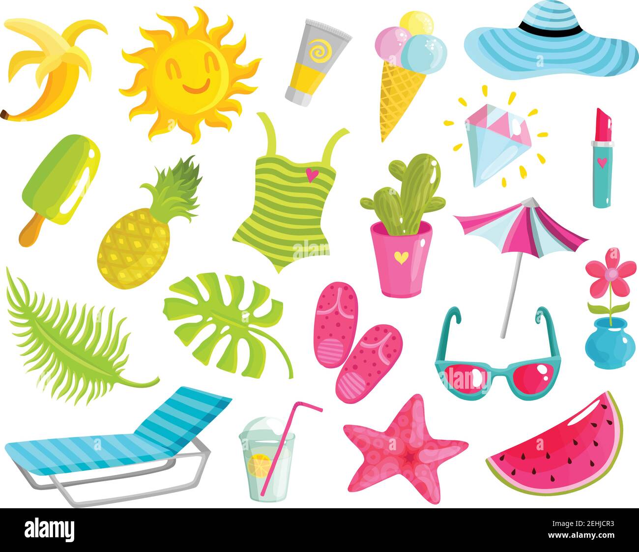 Collection of summer stuff including beach accessories, fruits, ice cream, starfish, diamond, sun, cactus isolated vector illustration Stock Vector
