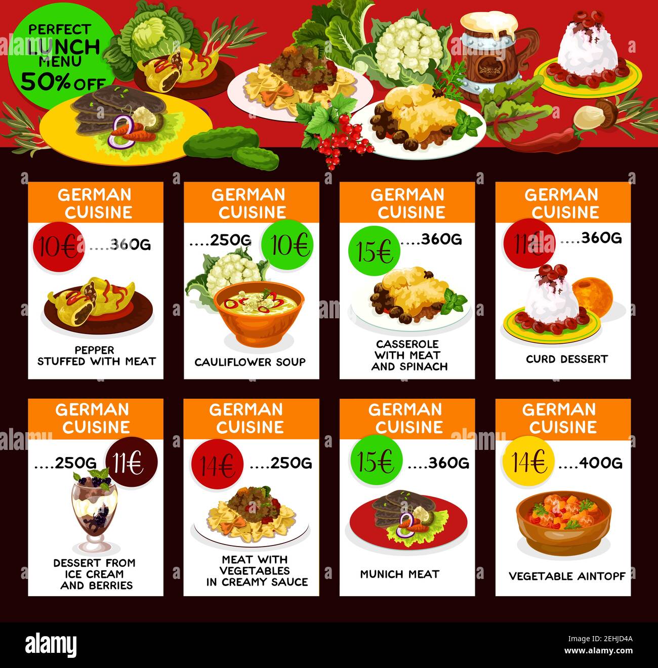 German cuisine restaurant menu cards with special offer for lunch dish