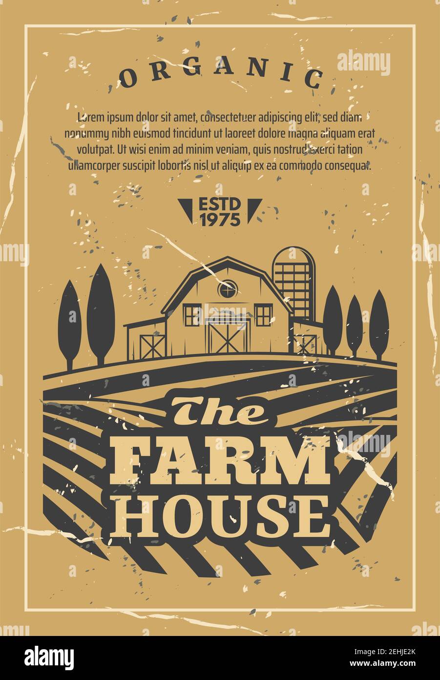 Farm house for organic products retro poster. Agriculture card with fields and rows of vegetables and wheat, barn among trees, orchard garden vector. Stock Vector