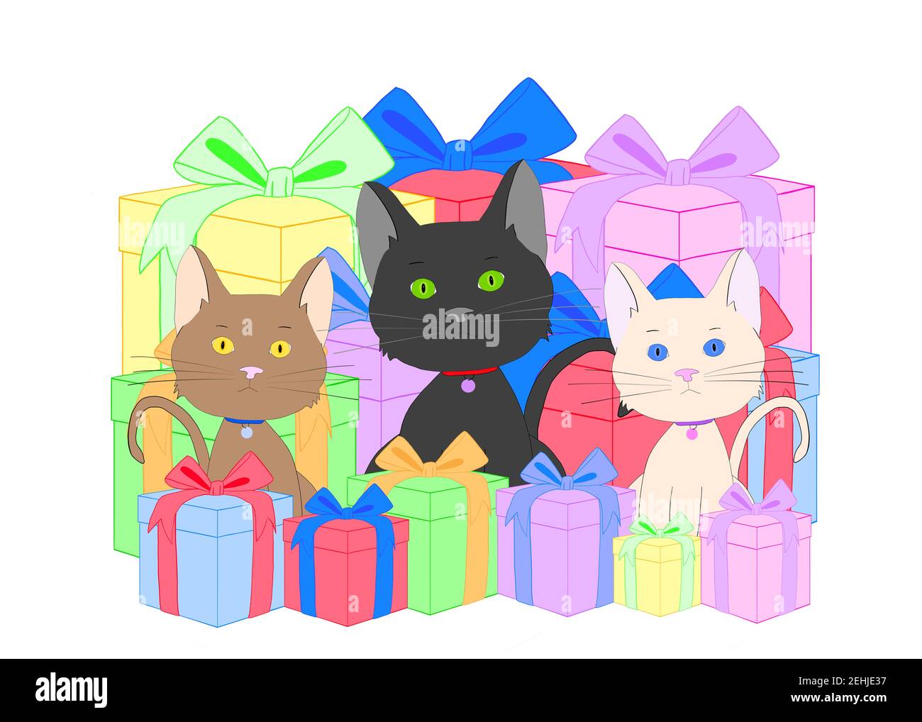 Illustration drawing of three diverse tabby kittens sitting behind and in front of colorful present boxes with bows on a pink background, looking dire Stock Photo