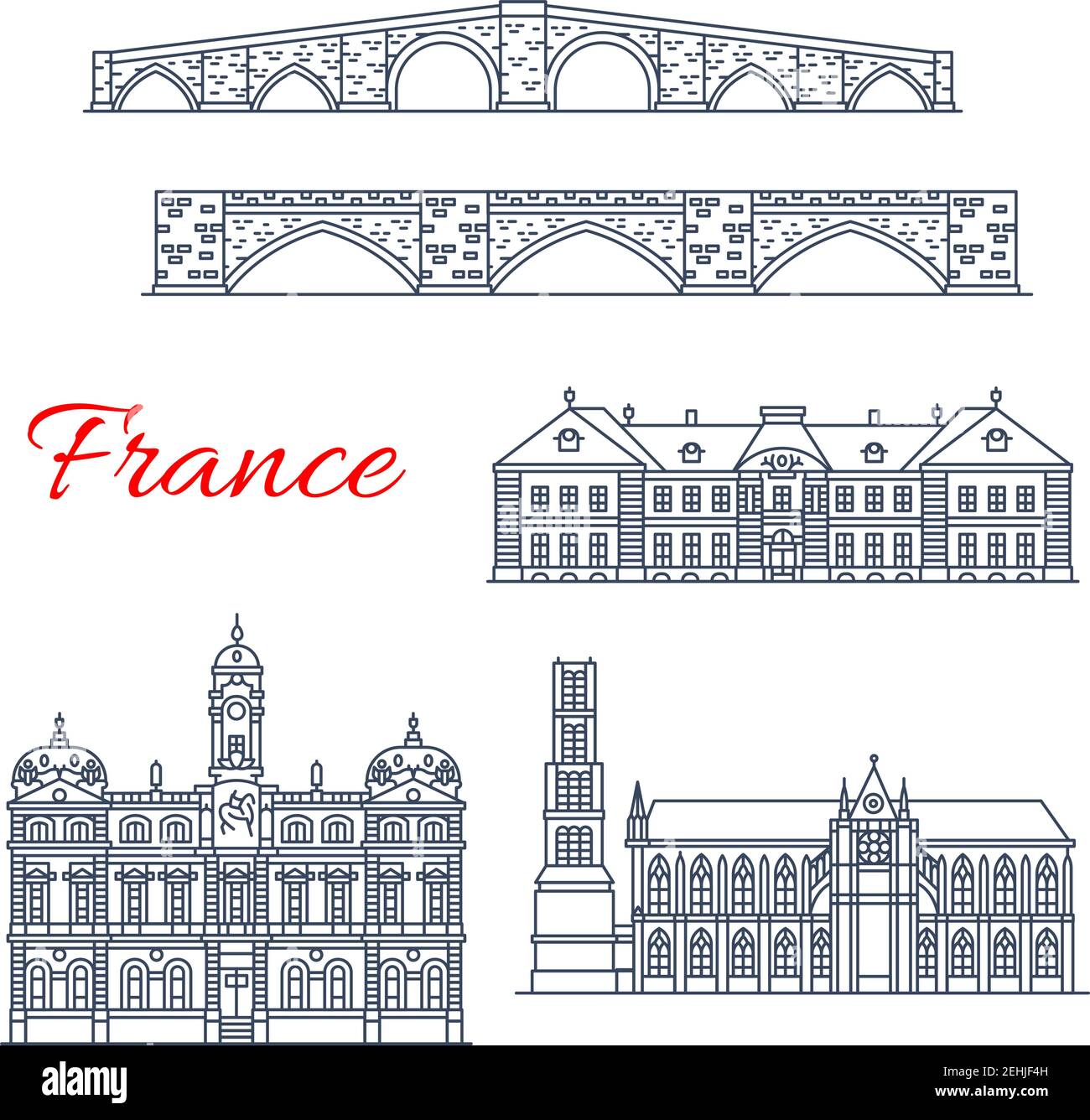 France architecture landmarks and famous historic buildings thin line icons. Vector facades If Episcopal municipal museum, Saint Etienne cathedral and Stock Vector