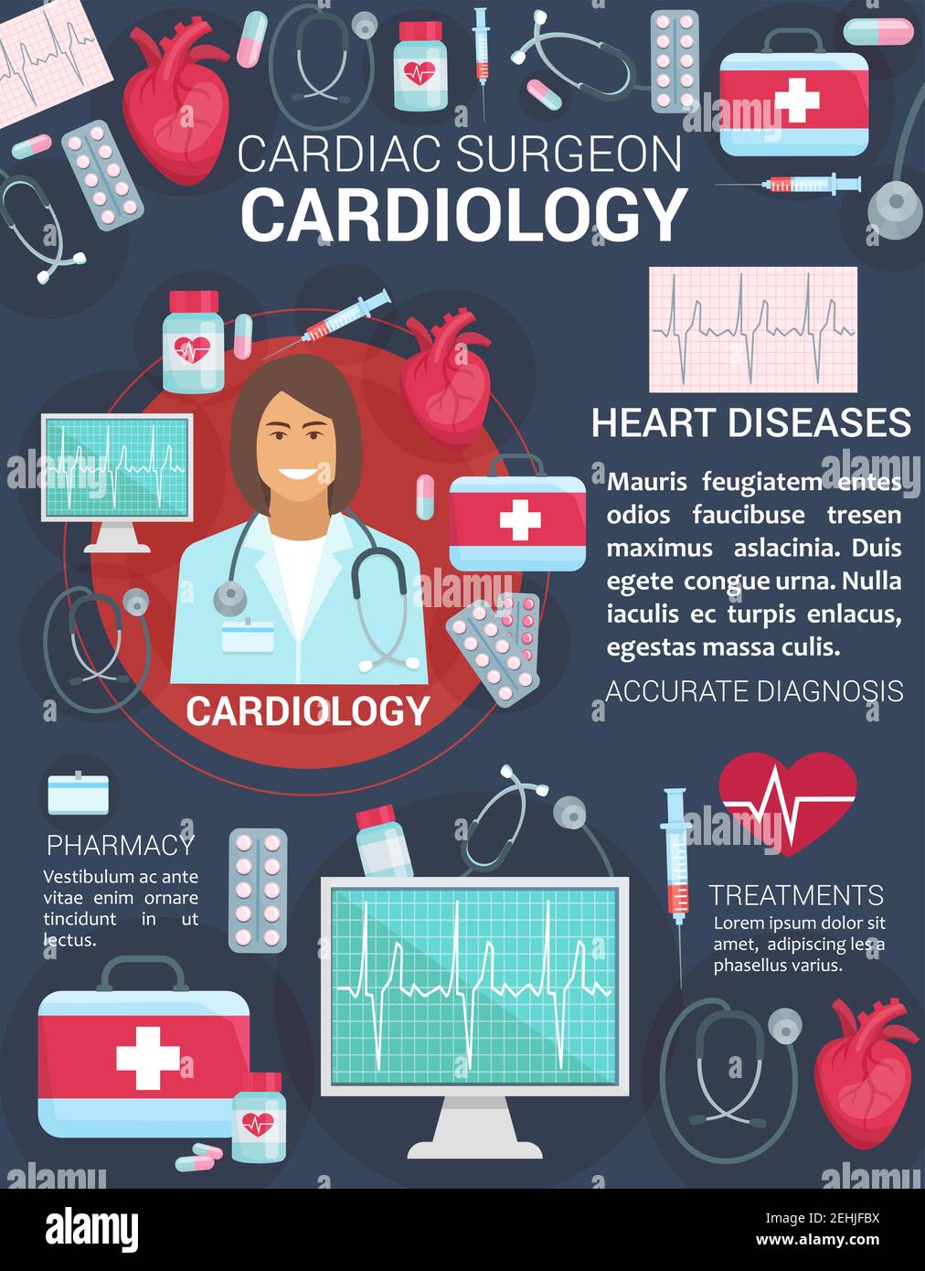 Cardiology medicine items for cardiologist or surgeon clinic poster. Vector doctor with heart pulse on cardiogram, cardio treatment pills or first aid Stock Vector
