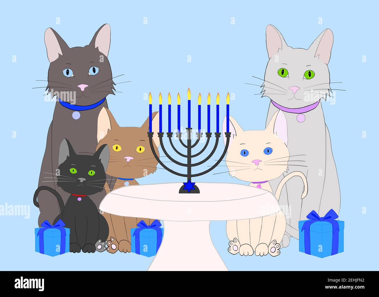 Illustration hand drawn cartoon with cats and kittens sitting around a