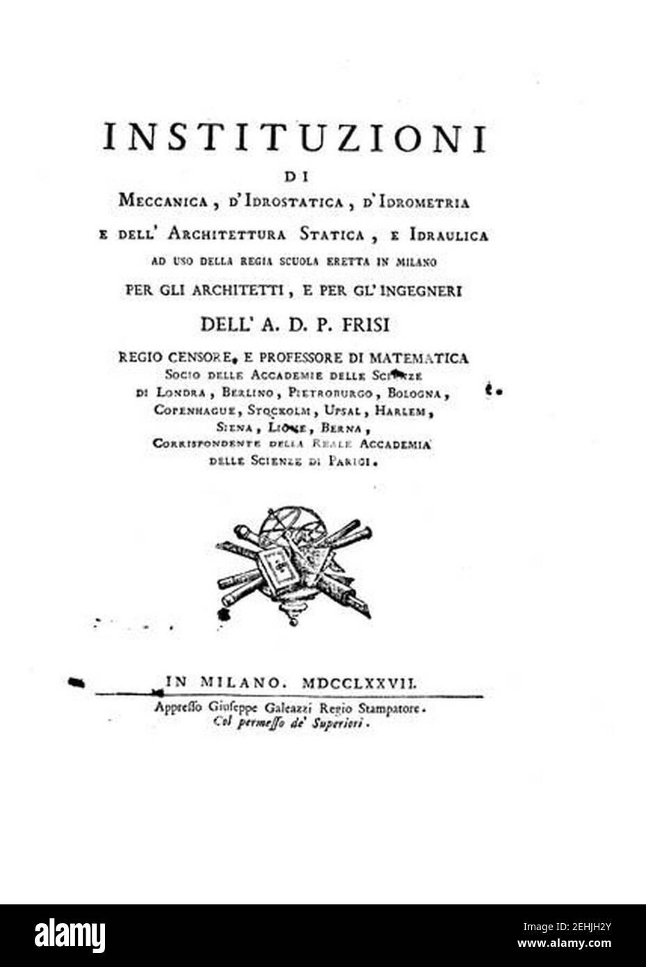 Paolo Frisi – Instituzioni di meccanica, d'idrostatica, d'idrome, 1777 - BEIC 1490112. Stock Photo