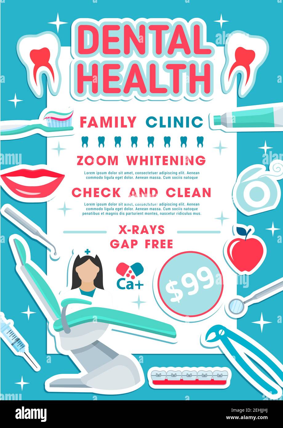 Dental health family clinic promo banner for dentistry medicine design