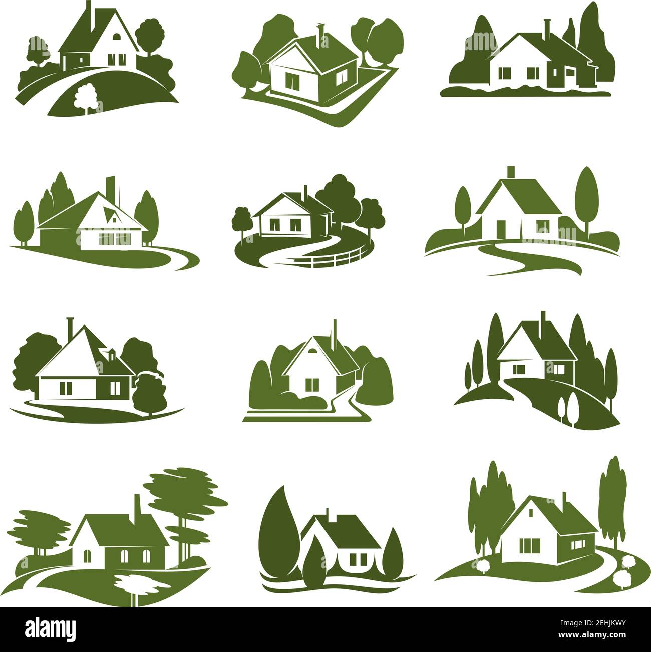 Eco green house icon with tree and lawn. Green cottage silhouette with ...