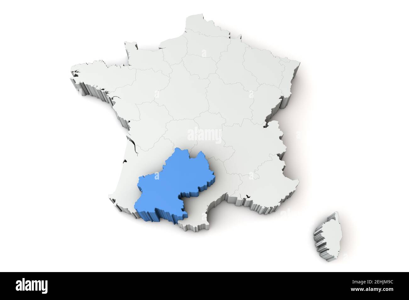 Map of France showing Midi Pyrenees region. 3D Rendering Stock Photo