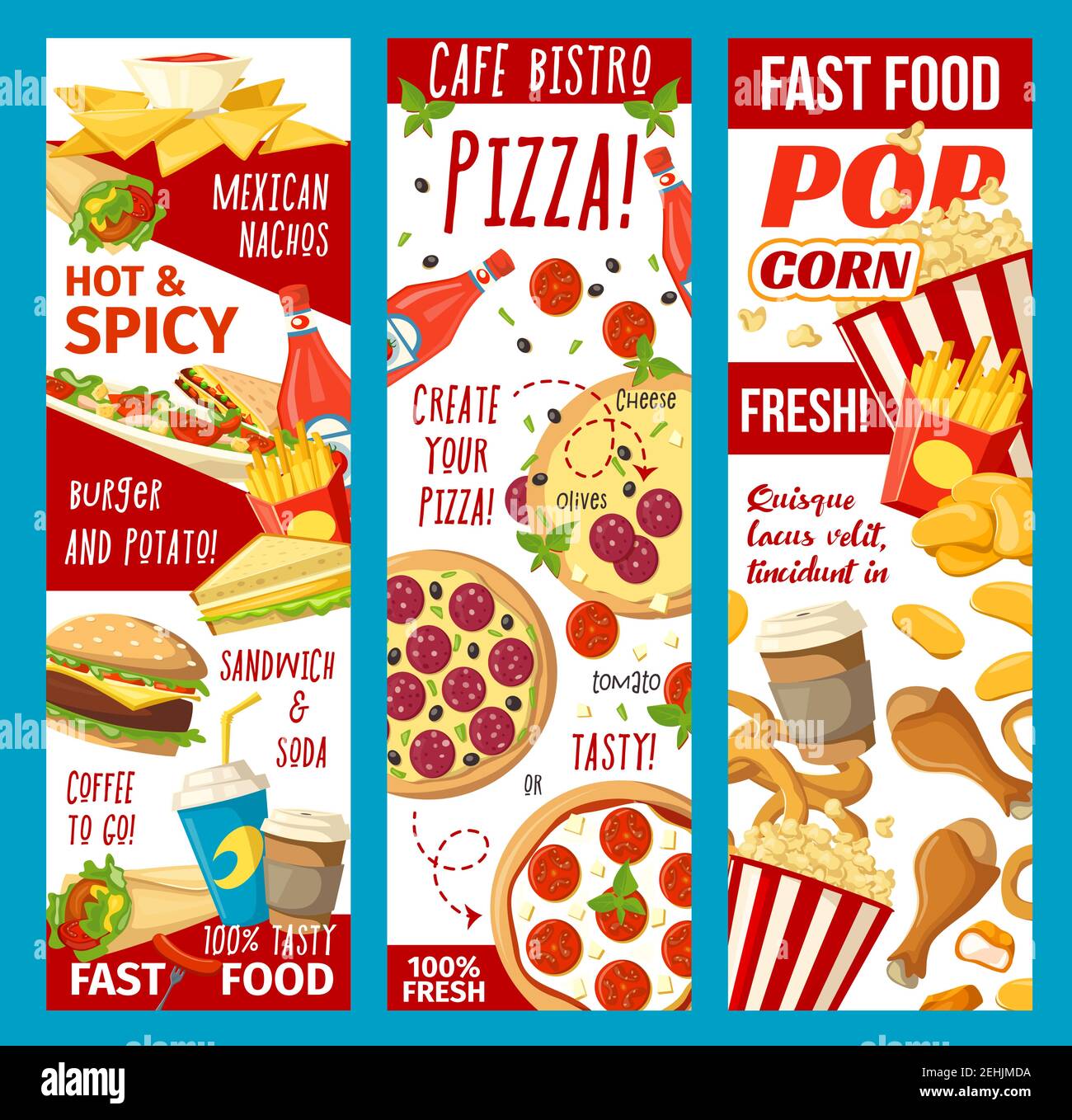Fast food banners for bistro cafe or fastfood restaurant menu. Vector meals  combo of popcorn, hot dog sandwich or hamburger and cheeseburger, pizza or  Stock Vector Image & Art - Alamy