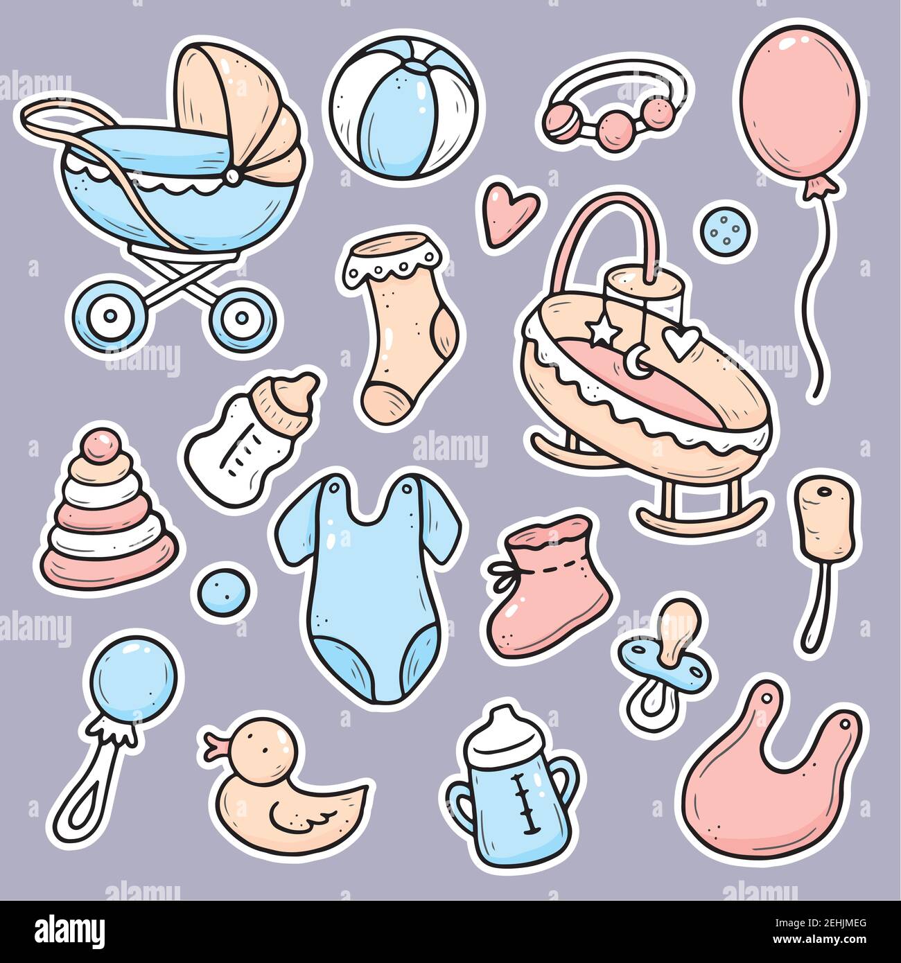 Hand drawn stickers of baby shower things, toy, rattle, milk bootle